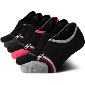 Tommy Hilfiger Womens No Show Socks – 6 Pack Cotton Blend Ankle Socks for Women – Ultra Low Cut Liners for Loafers & Sneakers(Black Monogram)