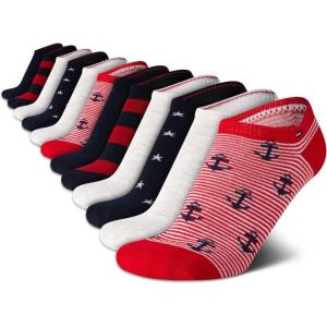 Tommy Hilfiger Womens No Show Socks -12 Pack Cotton Blend Lightweight Athletic Performance Cushioned Running Socks for Women(Red Assorted)