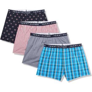 Tommy Hilfiger mens Cotton Classic 4-pack Woven Boxer(Shocking Blue Plaid  Navy Logo Print  Primary Red Plaid  Navy)