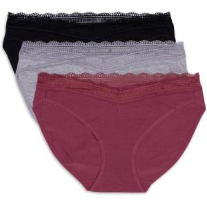 Tommy Hilfiger womens 3pk Cotton Logo Lace Trim V Bikini(Dry Rose/Heather Grey/Black)