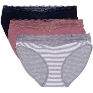 Tommy Hilfiger womens 3pk Cotton Logo Lace Trim V Bikini(Quarter Feeder Stripe Heather Grey/Nostalgia Rose/Sky Captain)