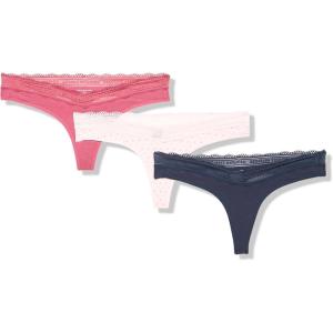 Tommy Hilfiger womens 3pk Cotton Logo Lace Trim V Thong(Alternating Th Allover Blushing Bride/Dry Rose/Sky Captain)