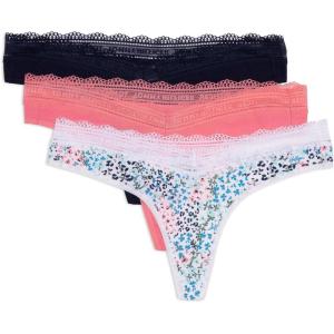 Tommy Hilfiger womens 3pk Cotton Logo Lace Trim V Thong(Flyaway Floral Bright White/Strawberry Pink/Sky Captain)
