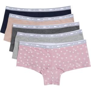 Tommy Hilfiger womens Classic Cotton Boyshort Underwear With Logo Waistband 5-pack(Dainty Th & Daisy Dawn Pink/Heather Grey/Sky Captain/Balanced Beige/Charcoal Heather Grey)