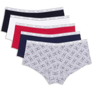Tommy Hilfiger womens Classic Cotton Boyshort Underwear With Logo Waistband 5-pack(Th Flag Stack Heather Grey/Navy Blazer/Super Mini Dots Apple Red/Bright White/Black)