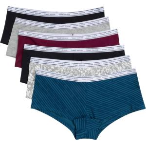Tommy Hilfiger womens Classic Cotton Boyshort Underwear With Logo Waistband 6-pack(Th Alfalfa Blue Stripe/Heather Grey/Windsor Wine/Bright White/Black/Floral Heather Grey)