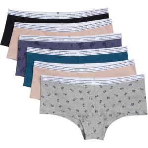 Tommy Hilfiger womens Classic Cotton Boyshort Underwear With Logo Waistband 6-pack(Tossed Th Heather Grey/Balanced Beige/Black/Alfalfa Blue/Balanced Beige/Monochrome Floral Crown Blue)