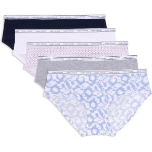 Tommy Hilfiger womens Classic Cotton Hipster Underwear With Logo Waistband 5-pack(Round Tie Dye Brunerra Blue/Heather Grey/Th Stacked Geo Bright White/Bright White/Navy Blazer)