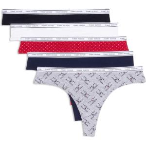 Tommy Hilfiger womens Classic Cotton Thong Underwear With Logo Waistband 5-pack(Th Flag Stack Heather Grey/Navy Blazer/Super Mini Dots Apple Red/Bright White/Black)
