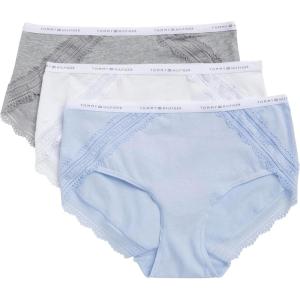 Tommy Hilfiger womens Cotton Logo Waistband Lace Trim Hipster 3-pack(Sweet Blue/Bright White/Heather Grey)