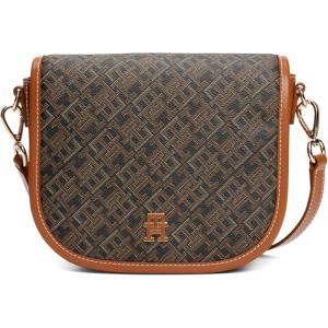 Tommy Hilfiger womens Monogram Leather Saddle Crossbody Bag With Adjustable Crossbody Strap(Black)