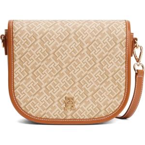 Tommy Hilfiger womens Monogram Leather Saddle Crossbody Bag With Adjustable Crossbody Strap(Sandalwood)