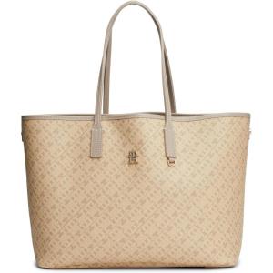 Tommy Hilfiger womens Monogram Leather Tote With Zipper Pocket(Beige)