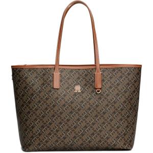Tommy Hilfiger womens Monogram Leather Tote With Zipper Pocket(Black / Tan Mix)