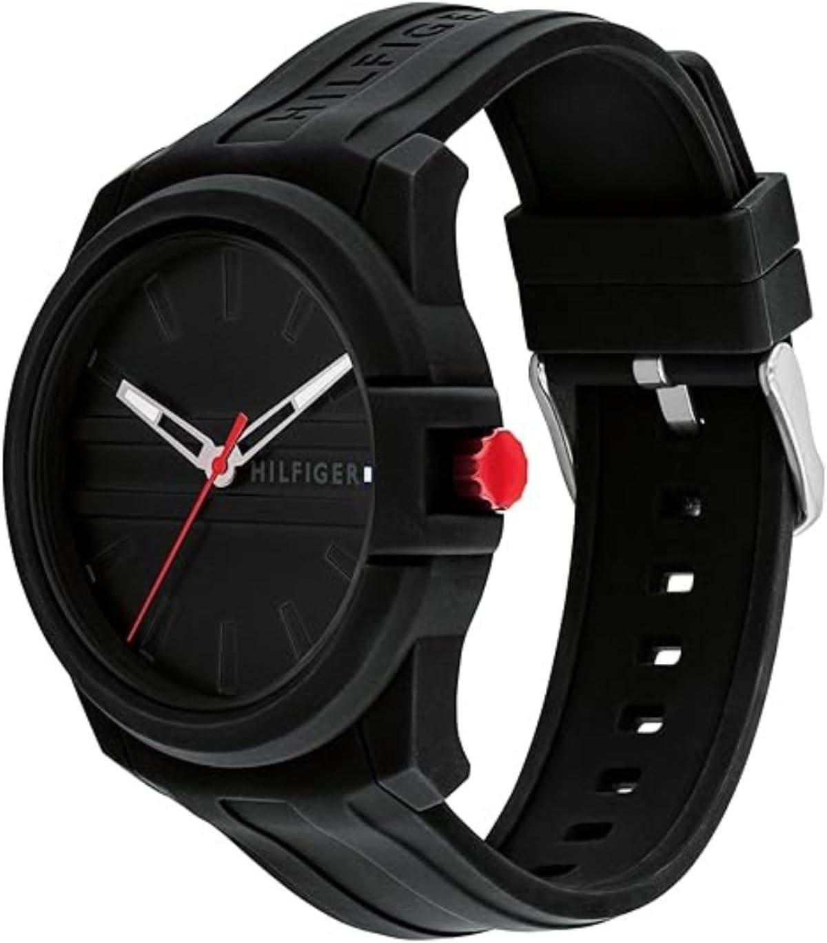 imageTommy Hilfiger Mens 3Hand Quartz Watch Casual Sport Style Silicone Strap WaterResistant to 50 Meters Everyday Fashion Wristwatch Gift for Him 44mmBlack