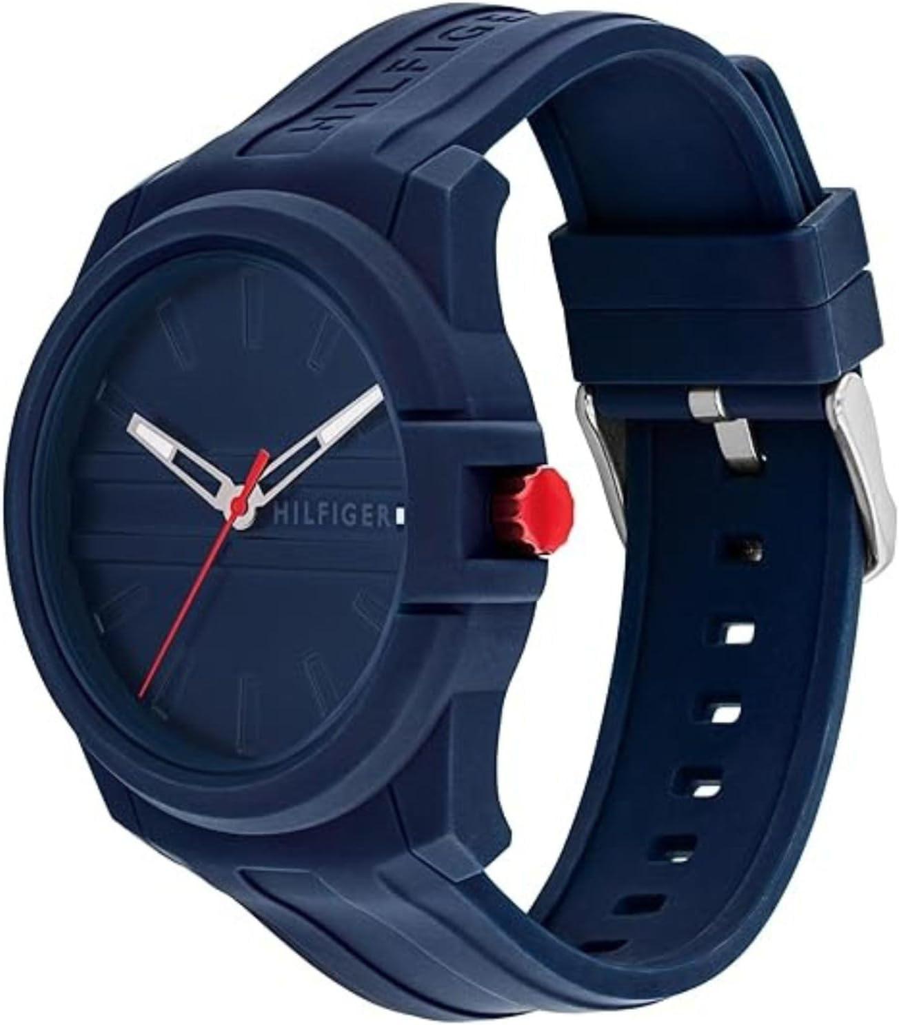 imageTommy Hilfiger Mens 3Hand Quartz Watch Casual Sport Style Silicone Strap WaterResistant to 50 Meters Everyday Fashion Wristwatch Gift for Him 44mmBlue