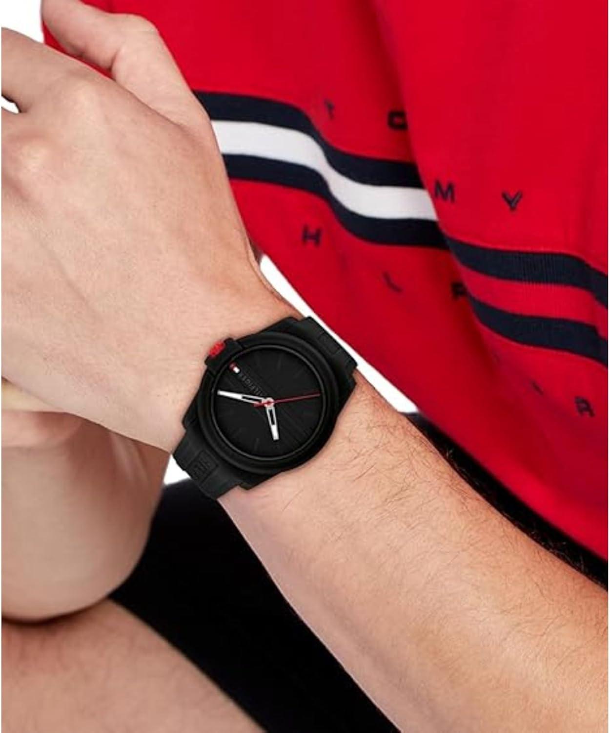 imageTommy Hilfiger Mens 3Hand Quartz Watch Casual Sport Style Silicone Strap WaterResistant to 50 Meters Everyday Fashion Wristwatch Gift for Him 44mmBlack