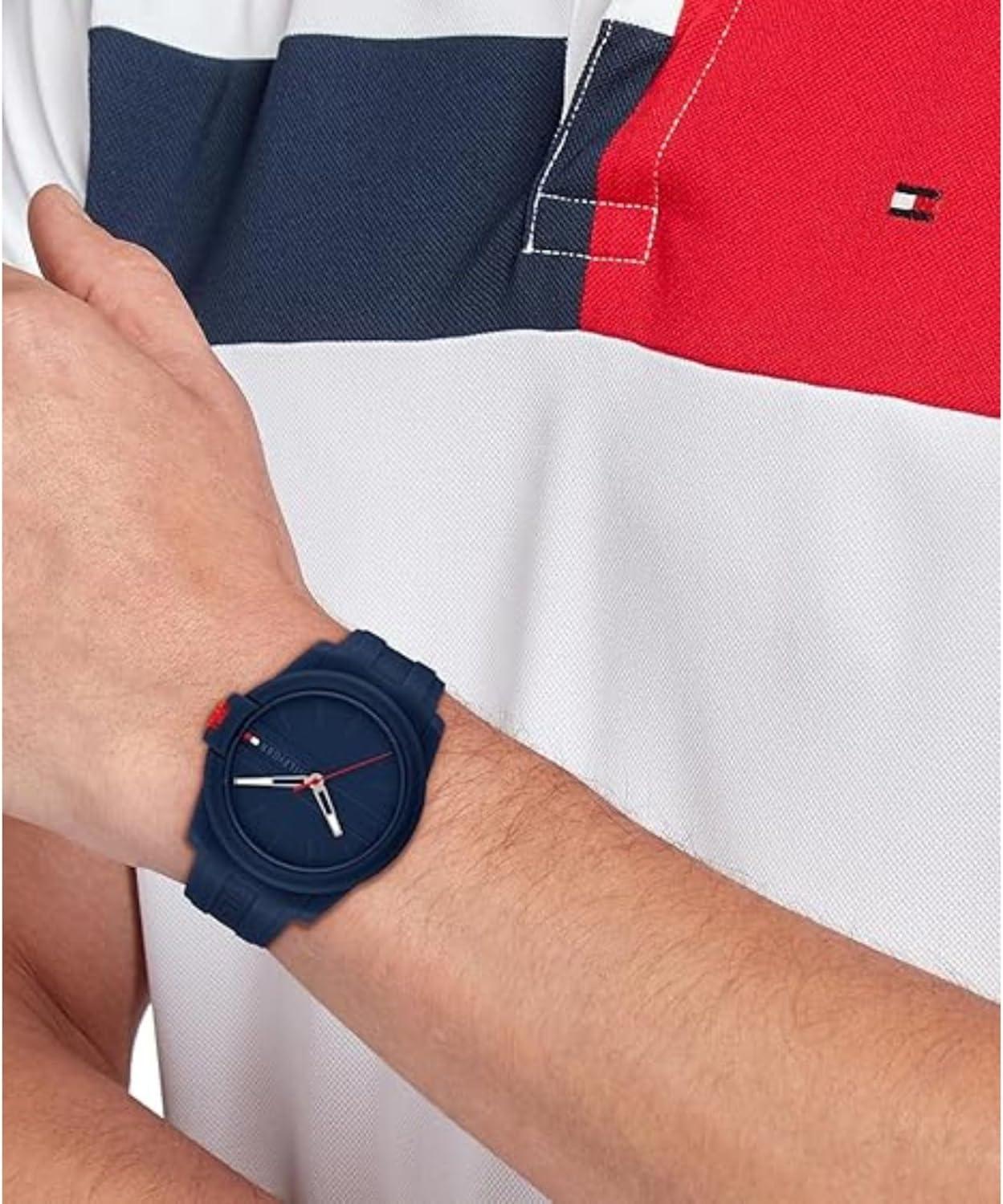 imageTommy Hilfiger Mens 3Hand Quartz Watch Casual Sport Style Silicone Strap WaterResistant to 50 Meters Everyday Fashion Wristwatch Gift for Him 44mmBlue