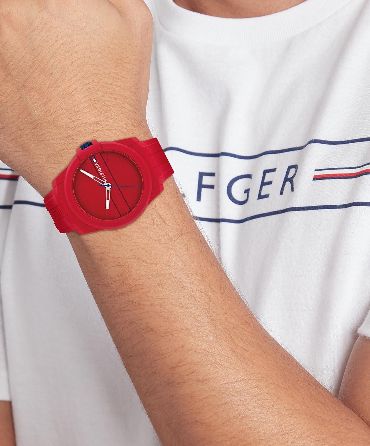 imageTommy Hilfiger Mens 3Hand Quartz Watch Casual Sport Style Silicone Strap WaterResistant to 50 Meters Everyday Fashion Wristwatch Gift for Him 44mmRed