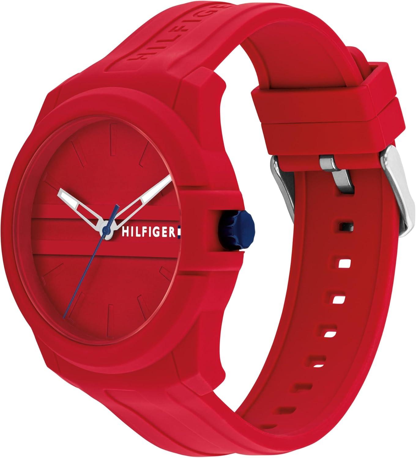 imageTommy Hilfiger Mens 3Hand Quartz Watch Casual Sport Style Silicone Strap WaterResistant to 50 Meters Everyday Fashion Wristwatch Gift for Him 44mmRed