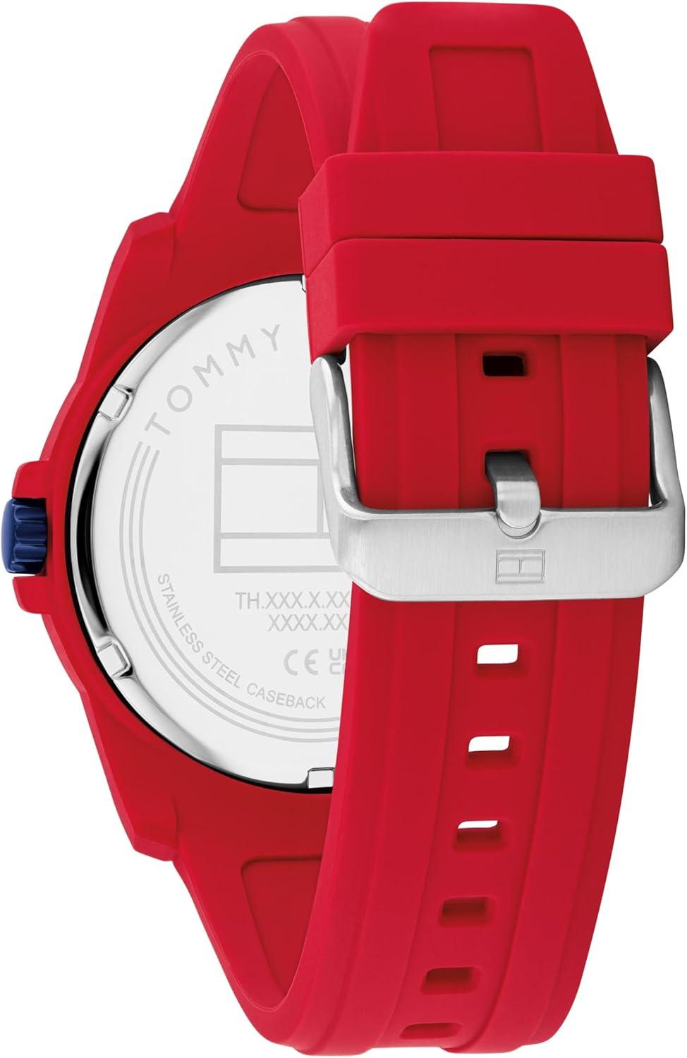 imageTommy Hilfiger Mens 3Hand Quartz Watch Casual Sport Style Silicone Strap WaterResistant to 50 Meters Everyday Fashion Wristwatch Gift for Him 44mmRed