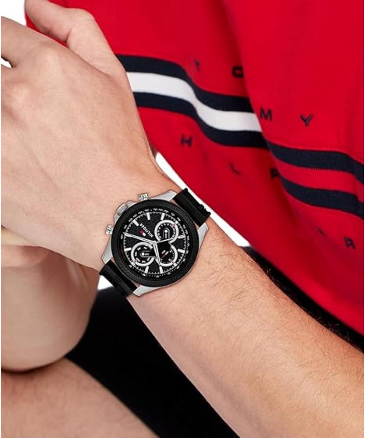 imageTommy Hilfiger Mens Multifunction Quartz Watch 46mm Stainless Steel Case RacingInspired Design 5 ATM Water Resistant Elegant Modern Timepiece Gift for HimBlackSilver