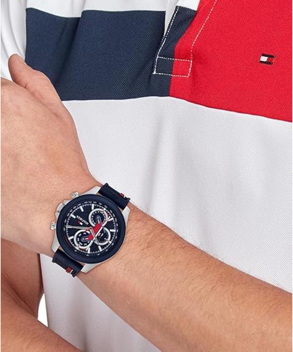 imageTommy Hilfiger Mens Multifunction Quartz Watch 46mm Stainless Steel Case RacingInspired Design 5 ATM Water Resistant Elegant Modern Timepiece Gift for HimRedBlue