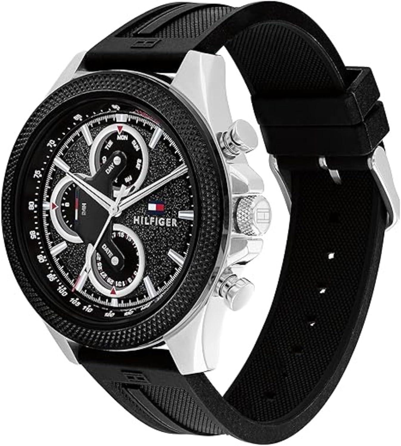 imageTommy Hilfiger Mens Multifunction Quartz Watch 46mm Stainless Steel Case RacingInspired Design 5 ATM Water Resistant Elegant Modern Timepiece Gift for HimBlackSilver