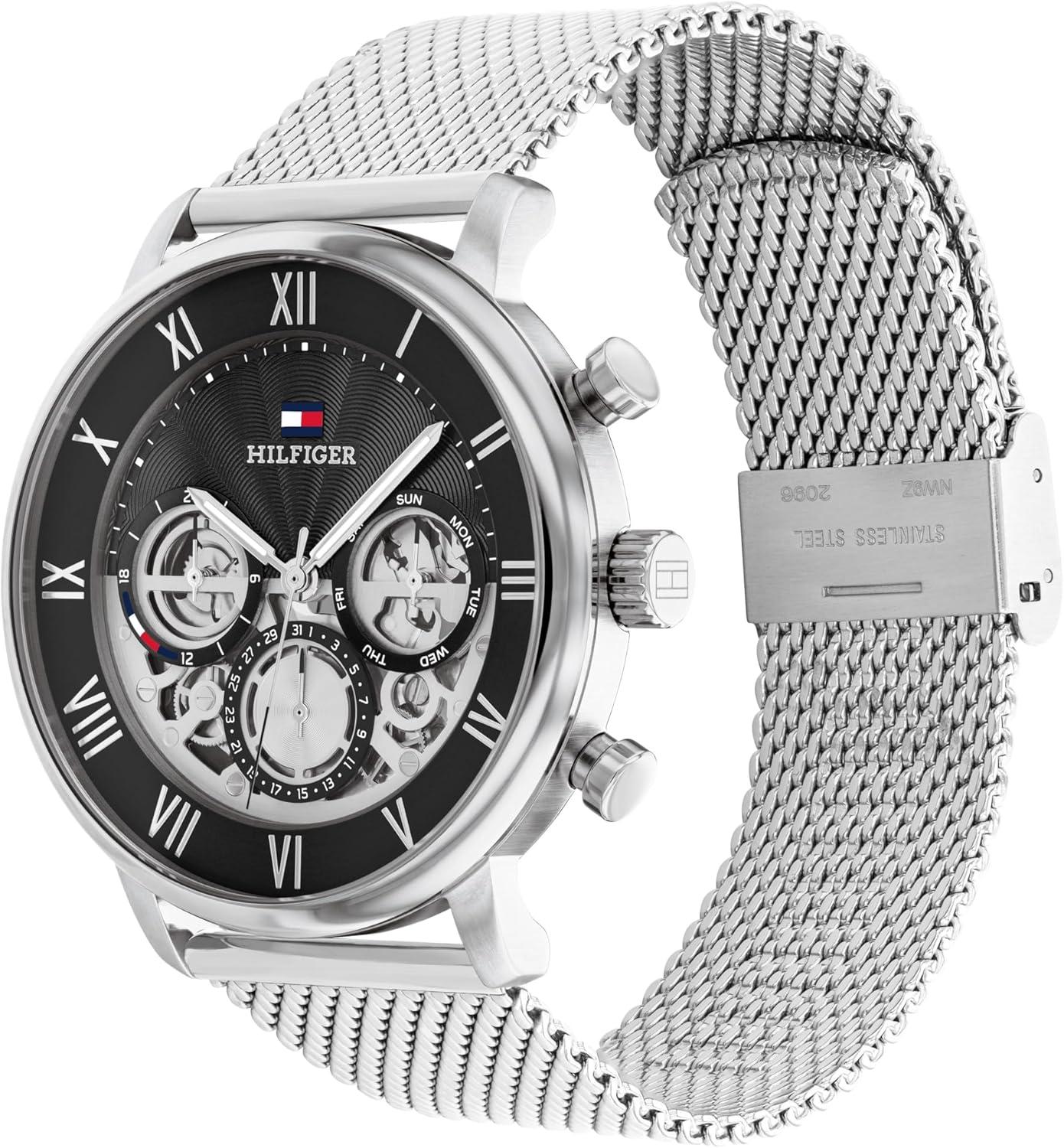 imageTommy Hilfiger Mens Multifunction Quartz Watch Classic Roman Numerals OpenHeart Dial Modern Dress Watch Gift for HimSilver