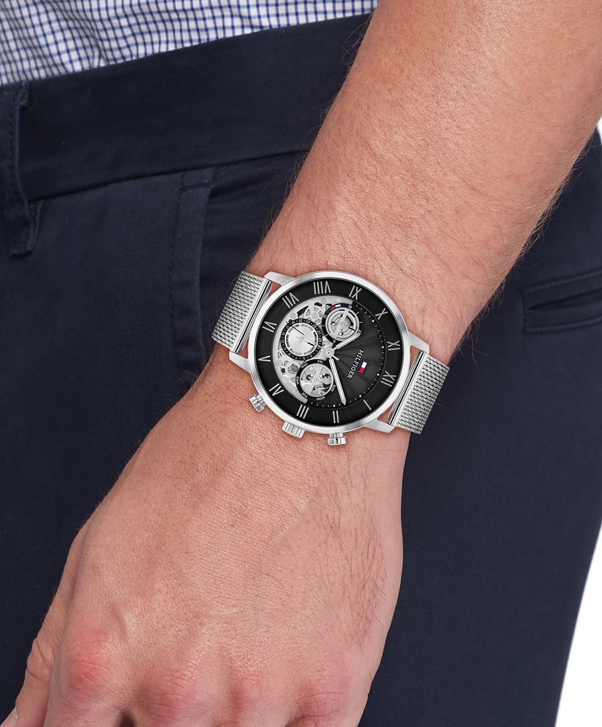 imageTommy Hilfiger Mens Multifunction Quartz Watch Classic Roman Numerals OpenHeart Dial Modern Dress Watch Gift for HimSilver