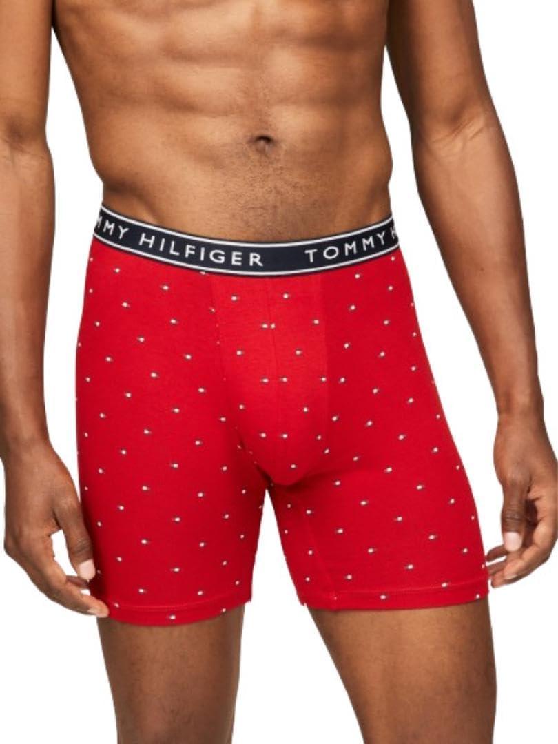 imageTommy Hilfiger mens Cotton Stretch 4pack Boxer BriefGrey Heather Rich Red Micro Flag Breezy Blue Navy