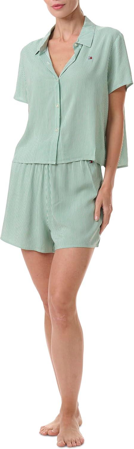 imageTommy Hilfiger womens Boxy Top ampamp Highwaisted Boxer 2 Piece Pajama SetFrosty Spruce Stripe