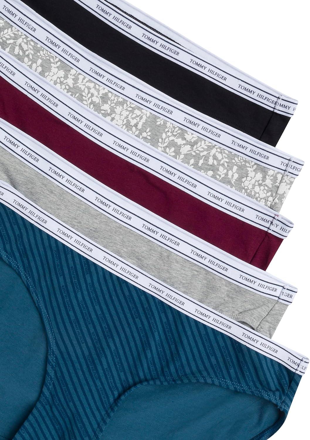 imageTommy Hilfiger womens Classic Cotton Bikini Underwear With Logo Waistband 5packDiagonal Th Alfalfa Blue StripeHeather GreyWindsor WineBlackFloral Heather Grey