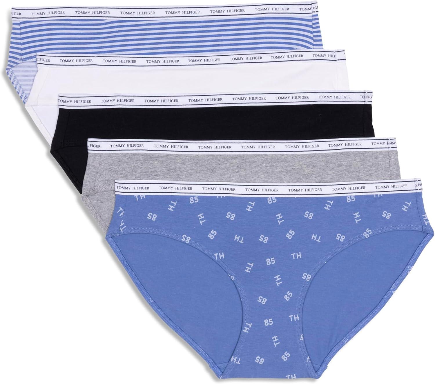 imageTommy Hilfiger womens Classic Cotton Bikini Underwear With Logo Waistband 5packTossed Th Ebb FlowHeather GreyBlackBright WhiteStripe Ebb Flow