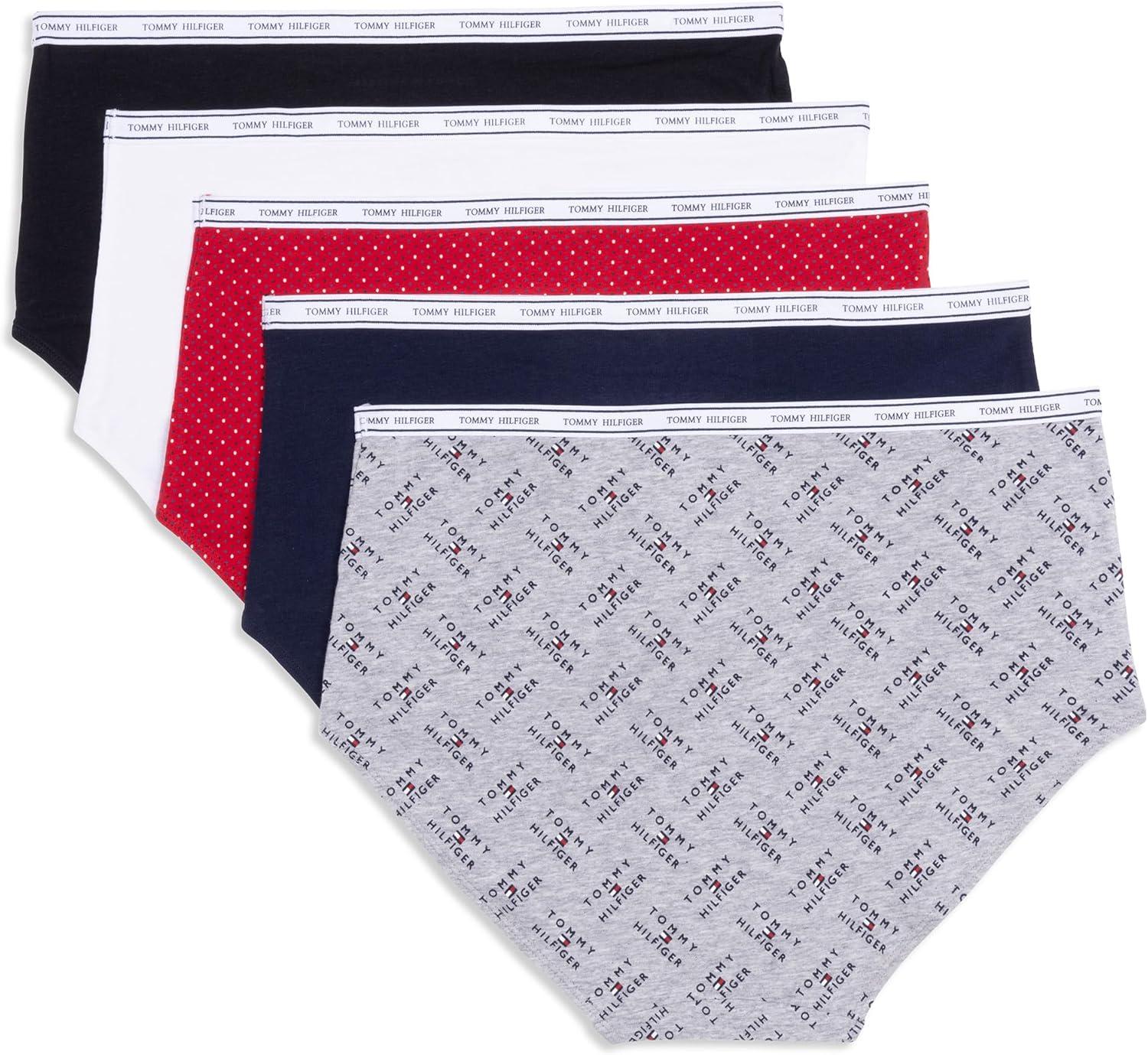 imageTommy Hilfiger womens Classic Cotton Brief Underwear With Logo Waistband 5packTh Flag Stack Heather GreyNavy BlazerSuper Mini Dots Apple RedBright WhiteBlack
