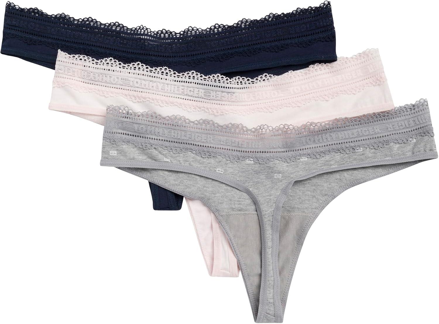 imageTommy Hilfiger womens Cotton Logo Lace Trim Thong 3packFlag PrintRosewaterSky Captain