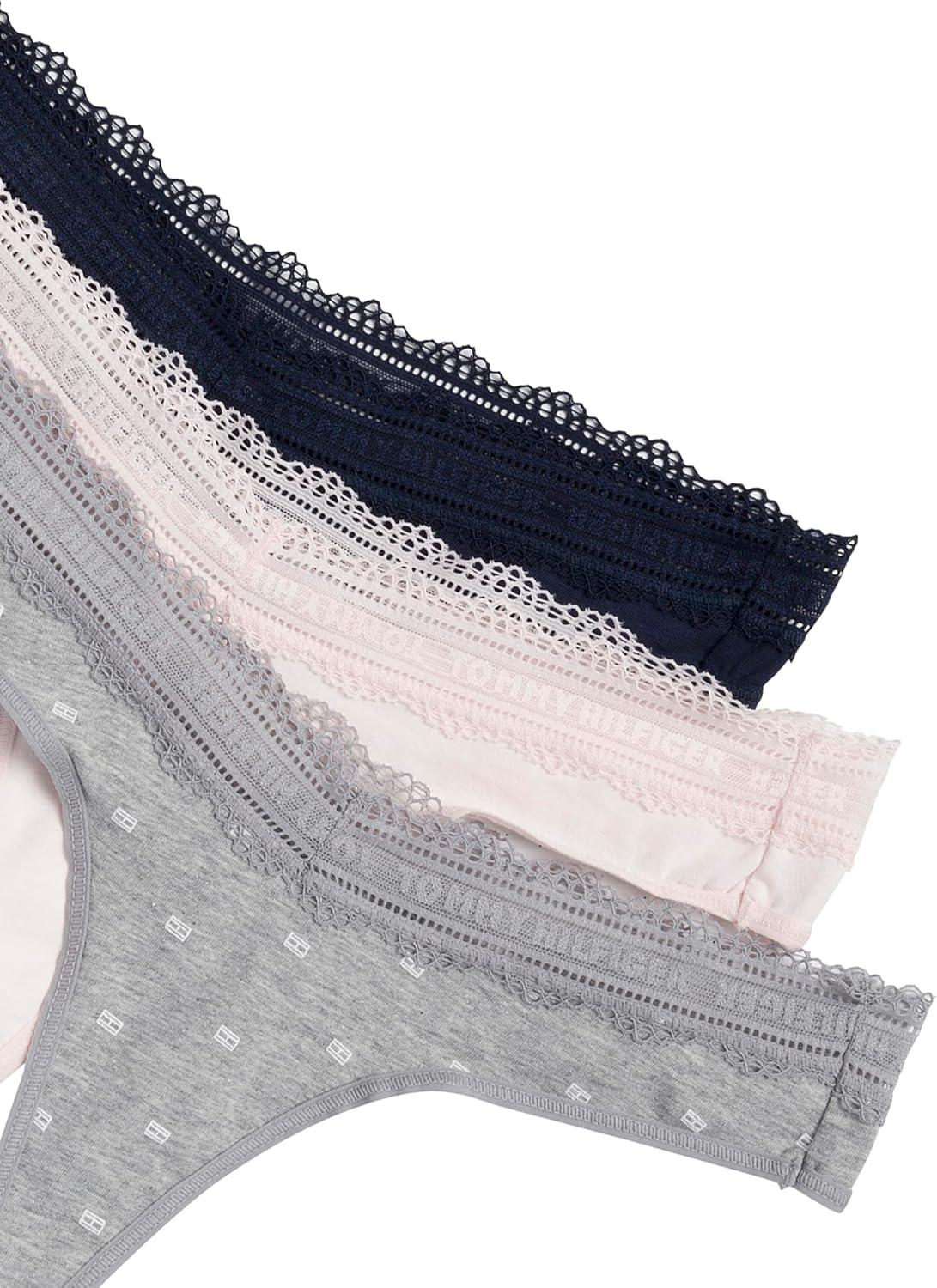 imageTommy Hilfiger womens Cotton Logo Lace Trim Thong 3packFlag PrintRosewaterSky Captain