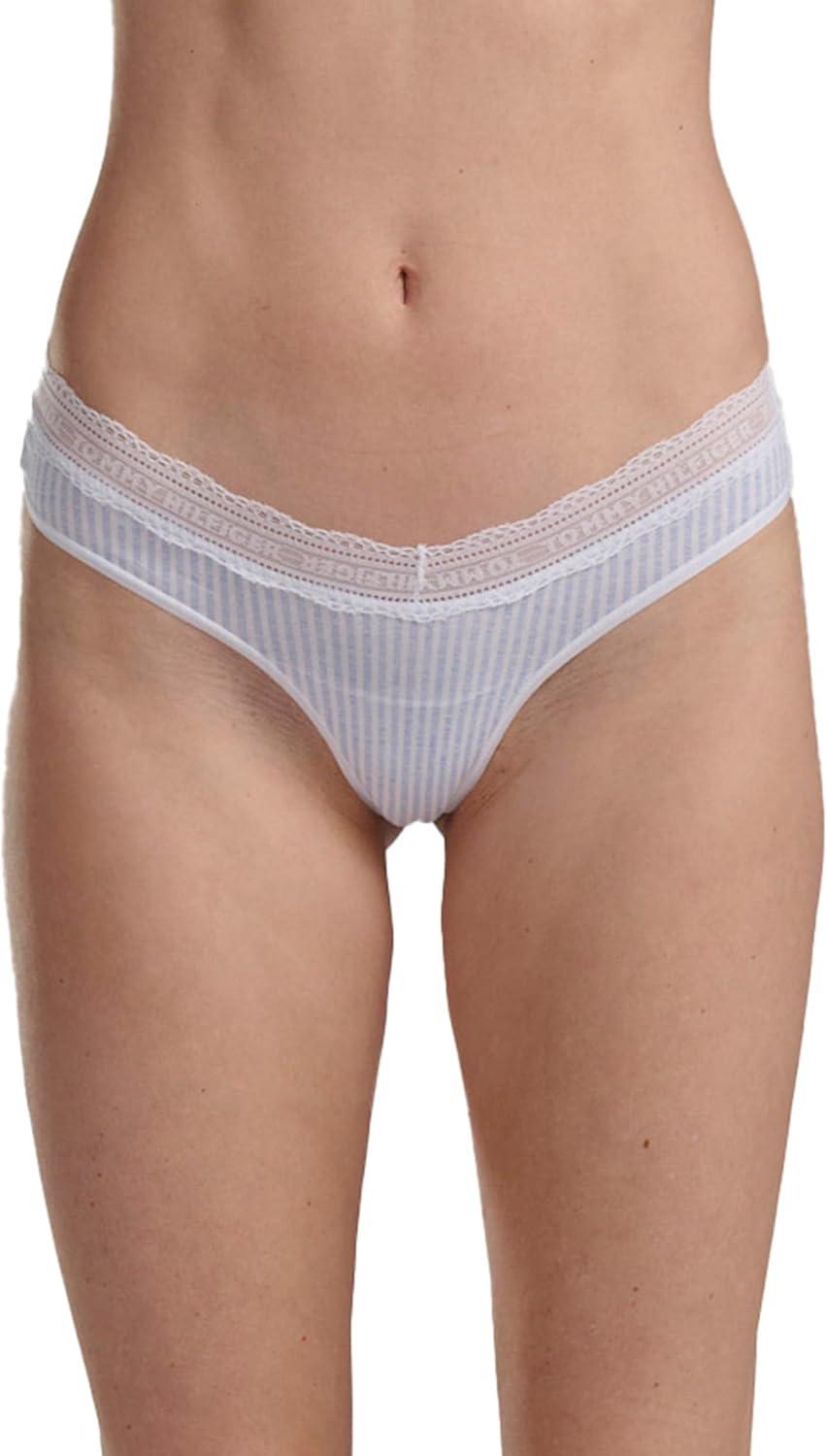 imageTommy Hilfiger womens Cotton Logo Lace Trim Thong 3packSeersucker PrintBright WhiteSunshine