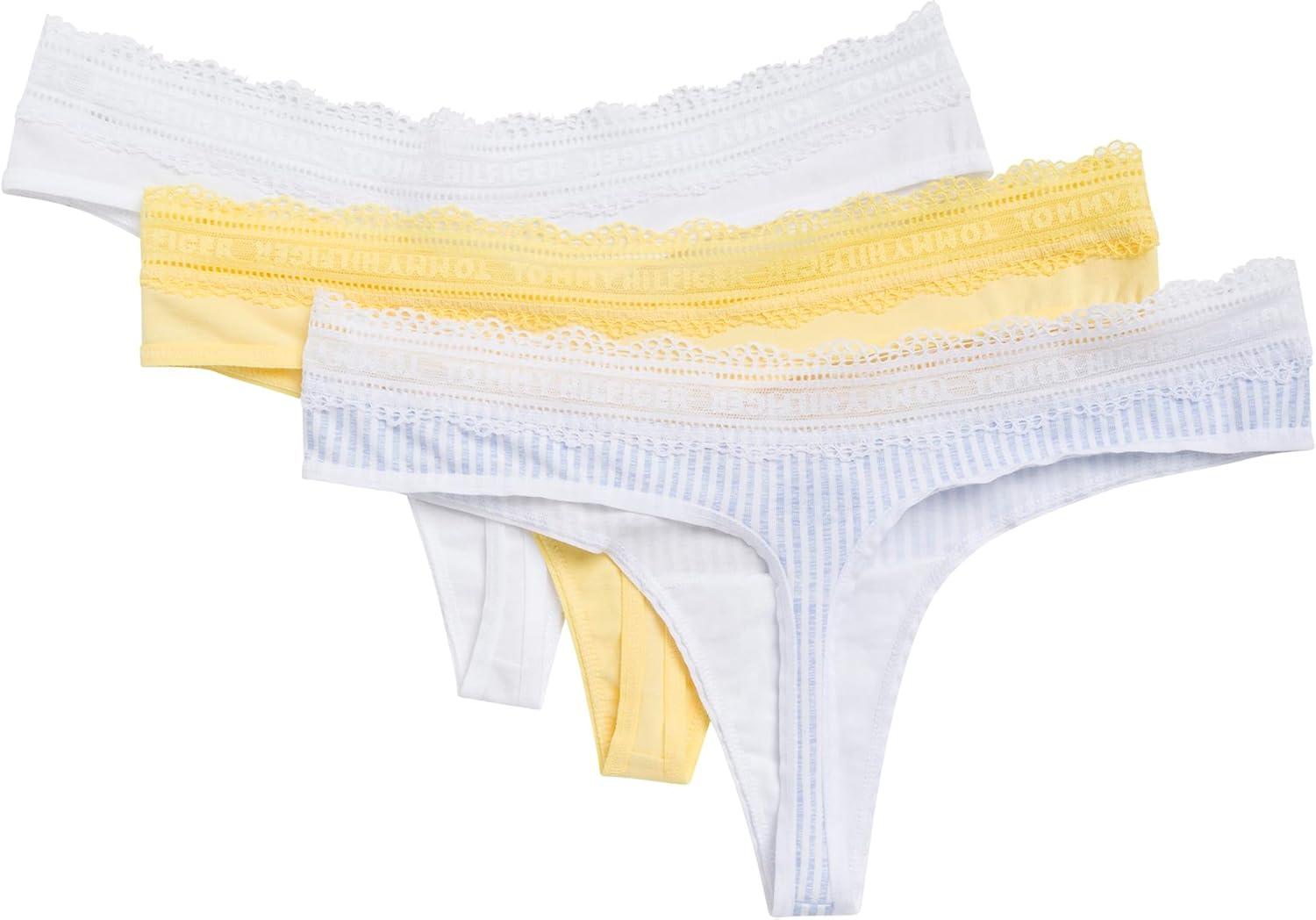 imageTommy Hilfiger womens Cotton Logo Lace Trim Thong 3packSeersucker PrintBright WhiteSunshine