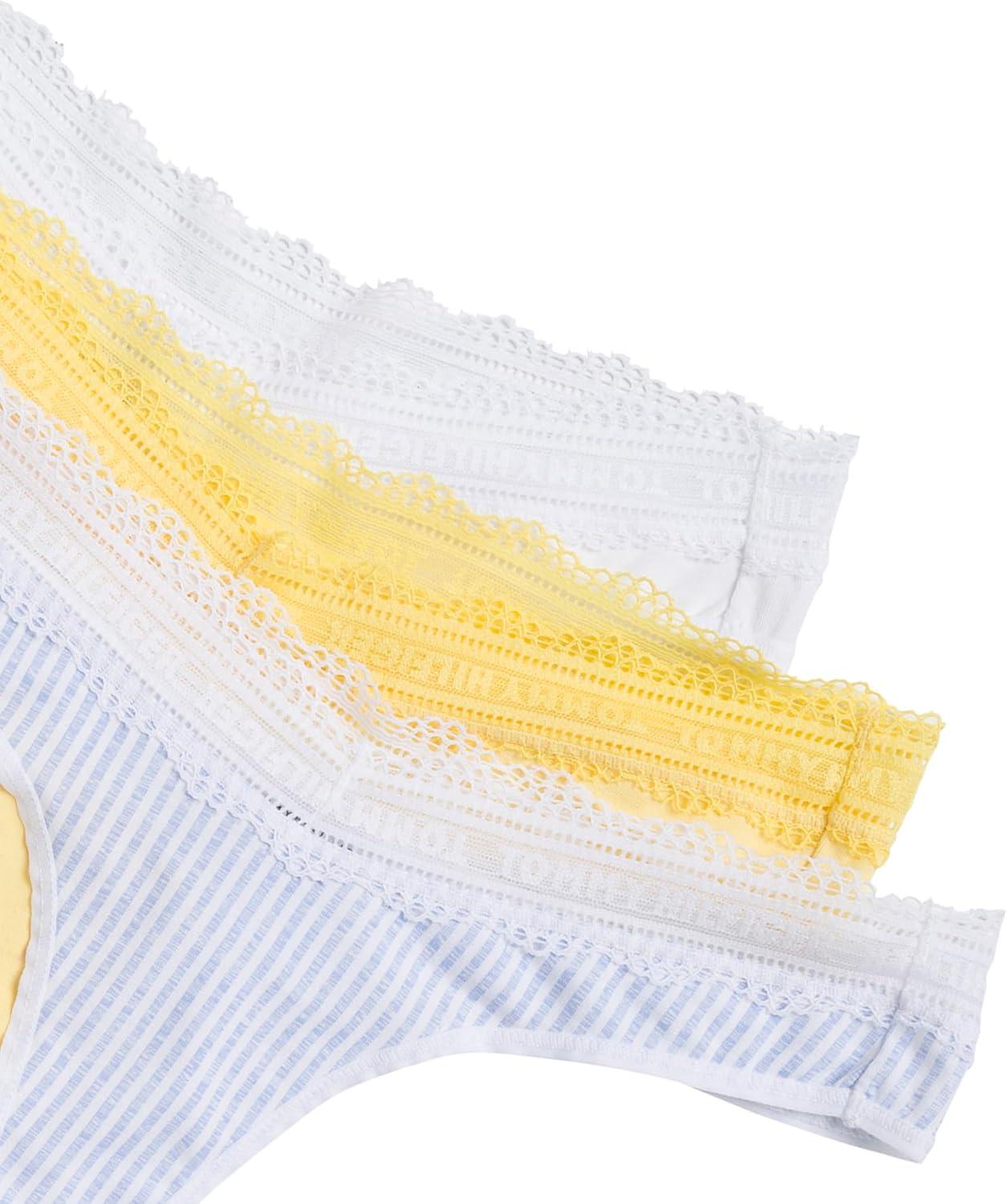 imageTommy Hilfiger womens Cotton Logo Lace Trim Thong 3packSeersucker PrintBright WhiteSunshine