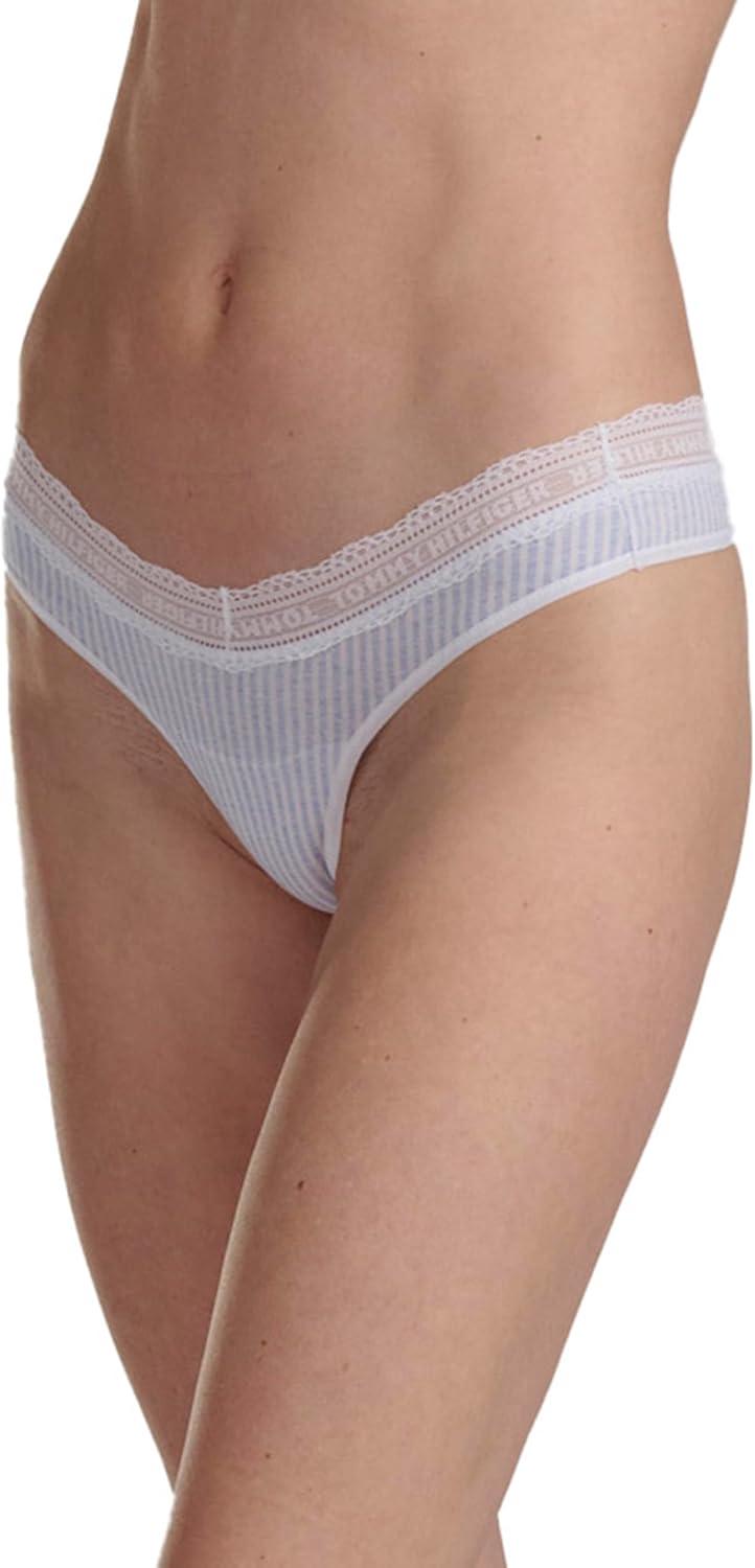 imageTommy Hilfiger womens Cotton Logo Lace Trim Thong 3packSeersucker PrintBright WhiteSunshine