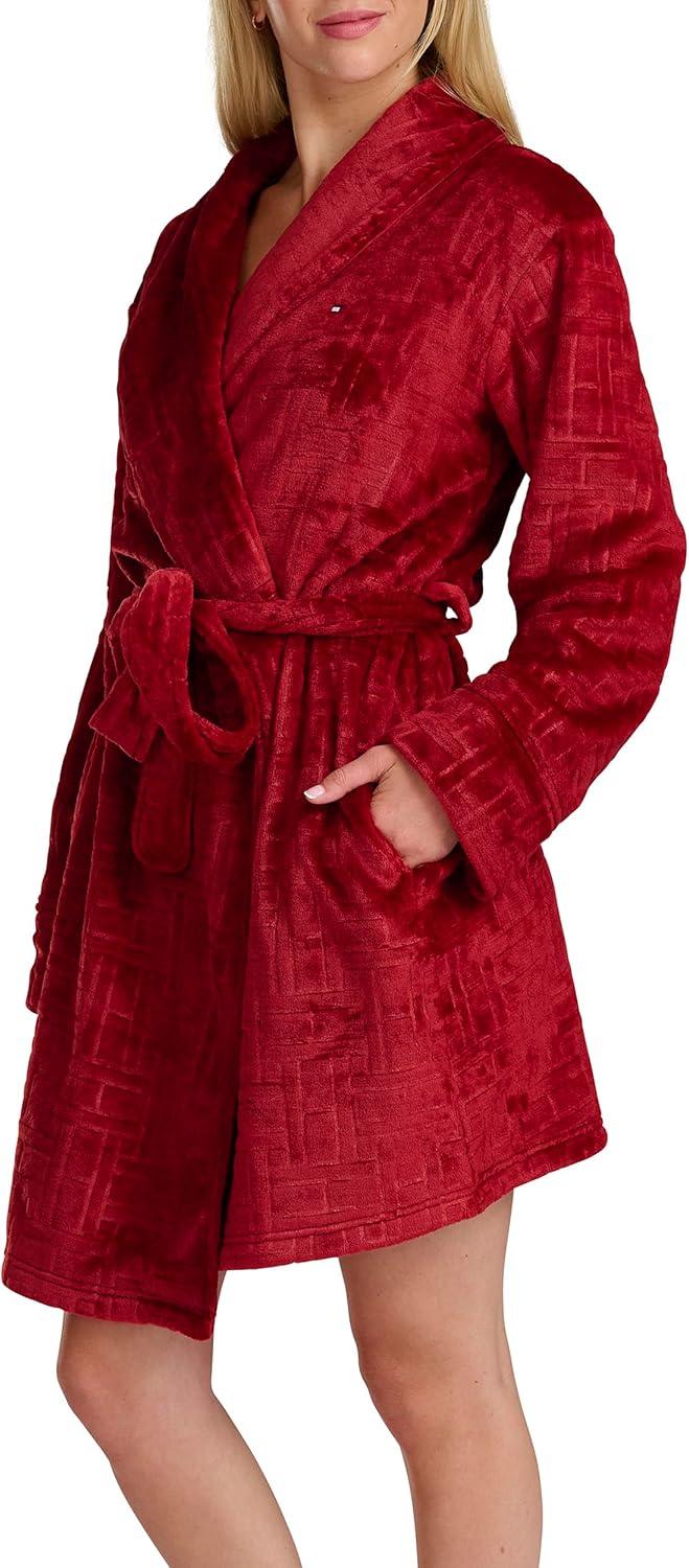 imageTommy Hilfiger womens Debossed Long Sleeve Plush RobeRegatta Red Debossed Hilfiger Flag