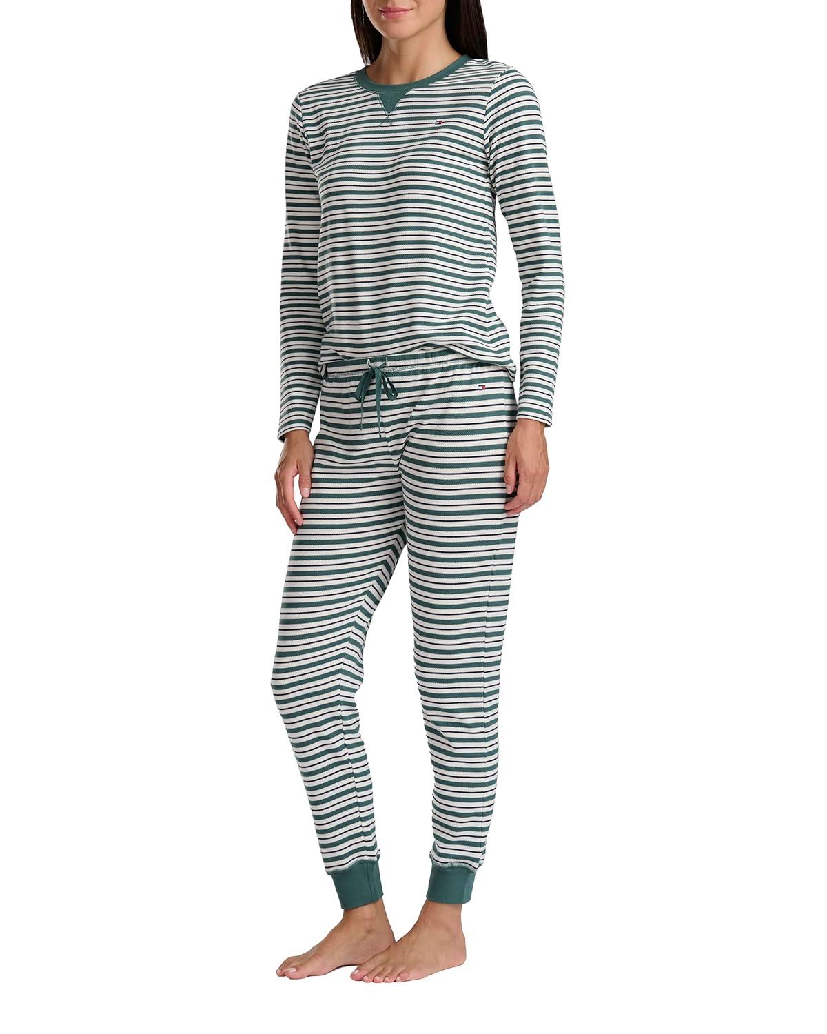 imageTommy Hilfiger womens Printed Crewneck Thermal Sleep SetAcademia Green Classic Stripe