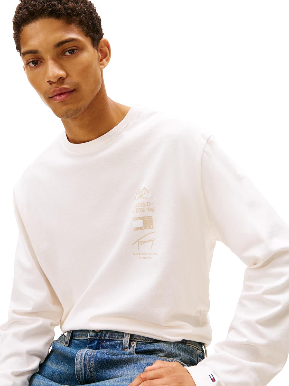 imageTommy Jeans Mens Long Sleeve Cotton Graphic TShirts with Printed Back GraphicAncient White