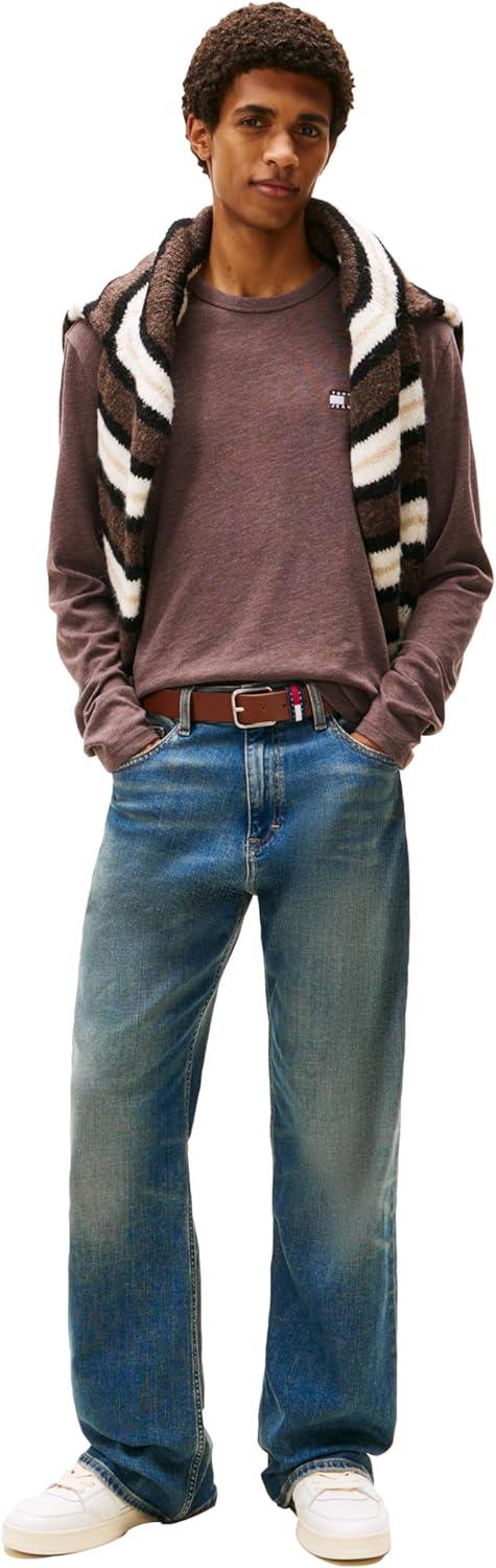 imageTommy Jeans Mens Long Sleeve Solid Cotton Graphic TShirts with Tonal Flag LogoBlack Walnut Heather
