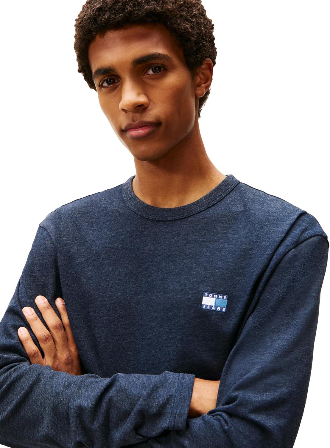 imageTommy Jeans Mens Long Sleeve Solid Cotton Graphic TShirts with Tonal Flag LogoDark Night Navy Heather