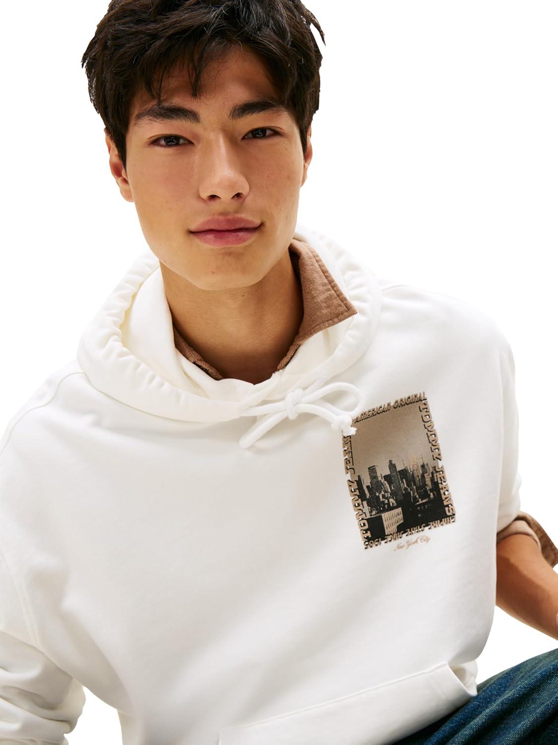 imageTommy Jeans Mens Medium Weight Hoodie Sweatshirt with Printed Photo GraphicEcru
