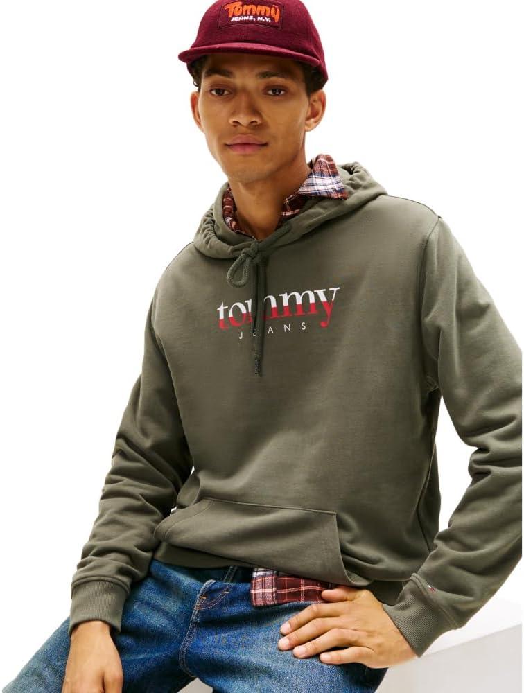 imageTommy Jeans Mens Medium Weight Hoodie Sweatshirt with Printed TwoTone LogoPewter Green