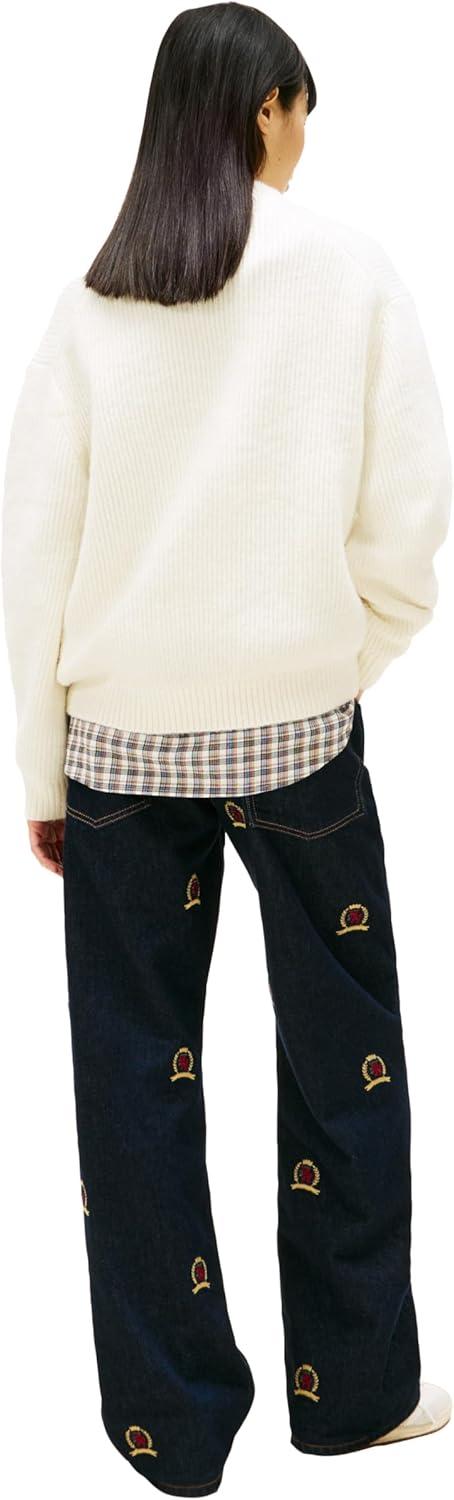 imageTommy Jeans Womens Medium Weight Wool Blend Mock Neck Sweater with Embroidered LogoAncient White