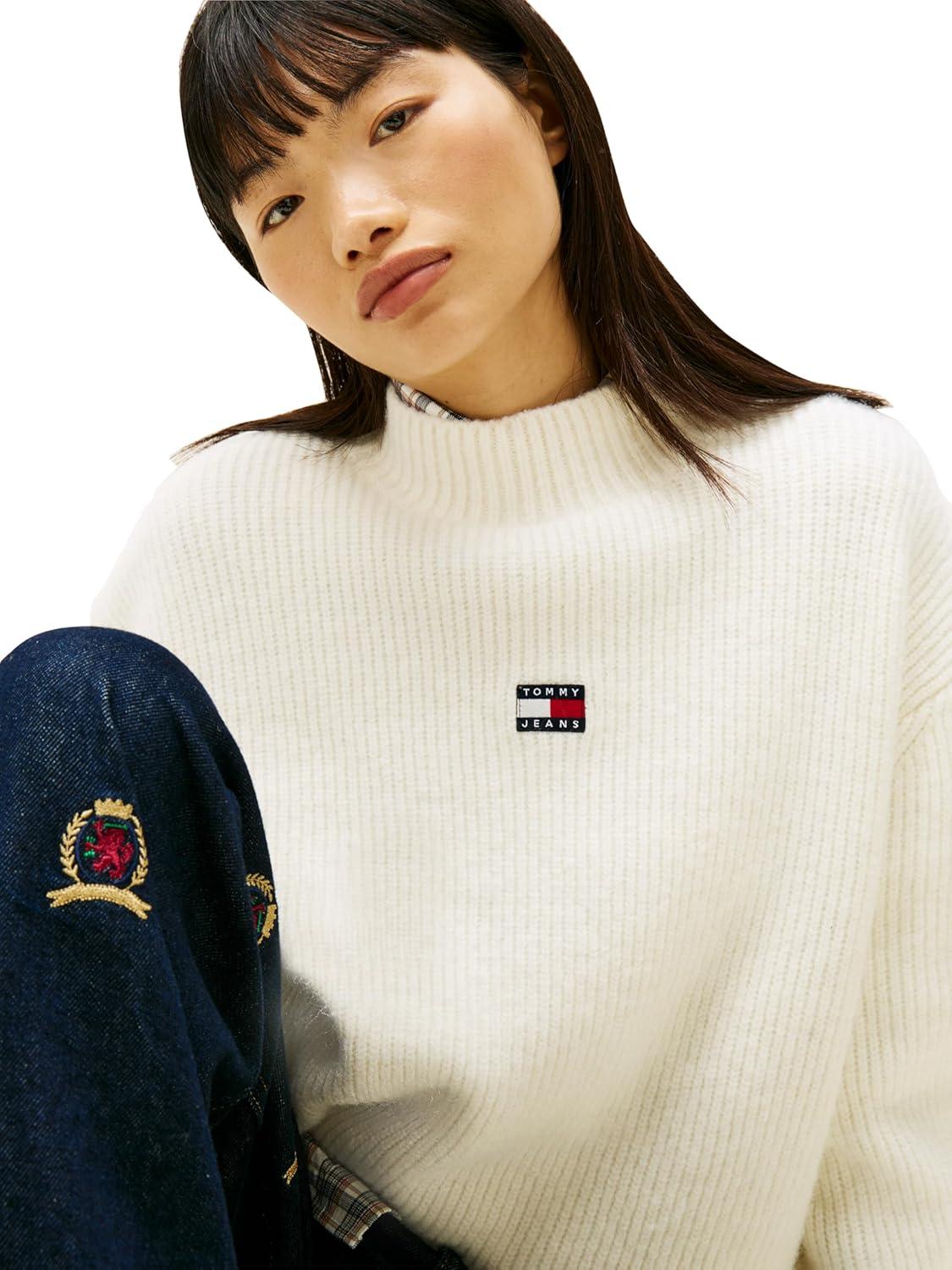 imageTommy Jeans Womens Medium Weight Wool Blend Mock Neck Sweater with Embroidered LogoAncient White